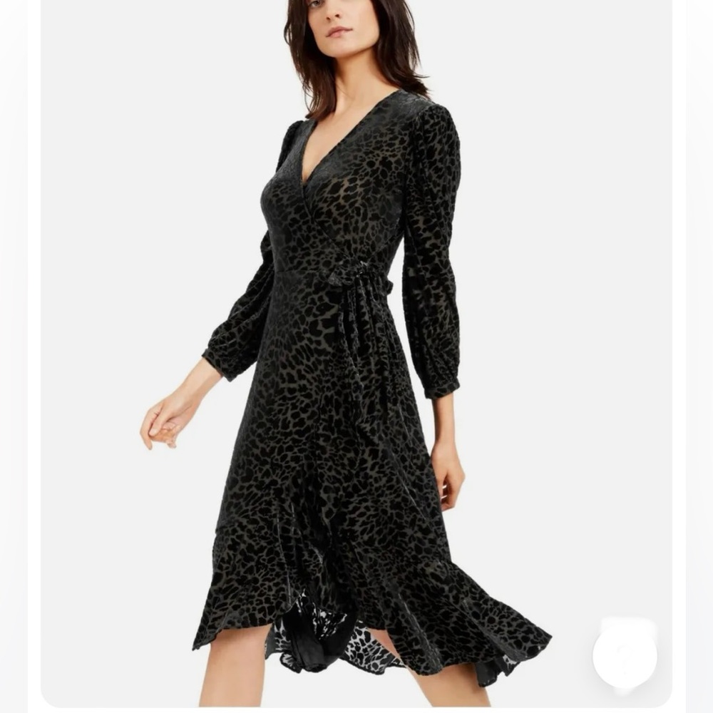 NWT CALVIN KLEIN - Black Velvet Leopard print Faux Wrap Flounce Dress sz 2 - Picture 1 of 15